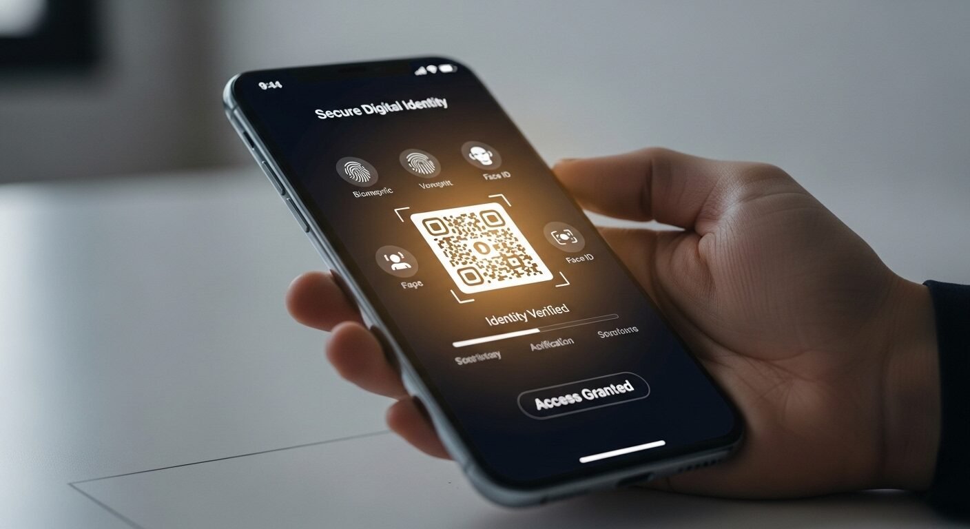 Điện thoại hiển thị giao diện định danh số an toàn, hỗ trợ quy trình đánh giá năng lực ĐHQG TPHCM.