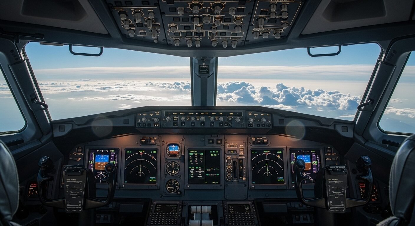 Buồng lái máy bay hiện đại với bảng điều khiển chi tiết và bầu trời xanh bao la. Hình ảnh tượng trưng cho các ngành nghề lương cao và công nghệ đỉnh cao trong lĩnh vực hàng không.