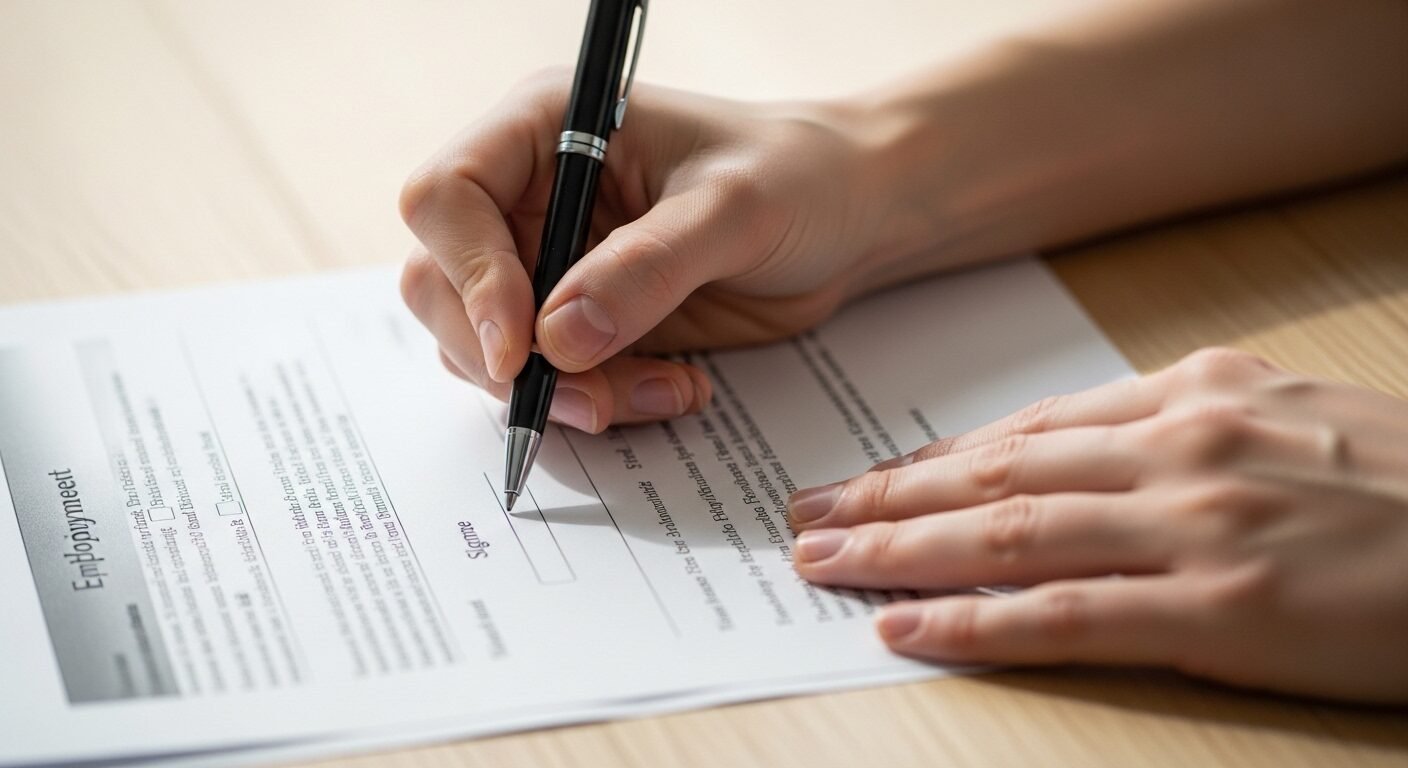 Cận cảnh bàn tay cầm bút trên tài liệu việc làm, chuẩn bị ký kết cho công việc thời vụ.