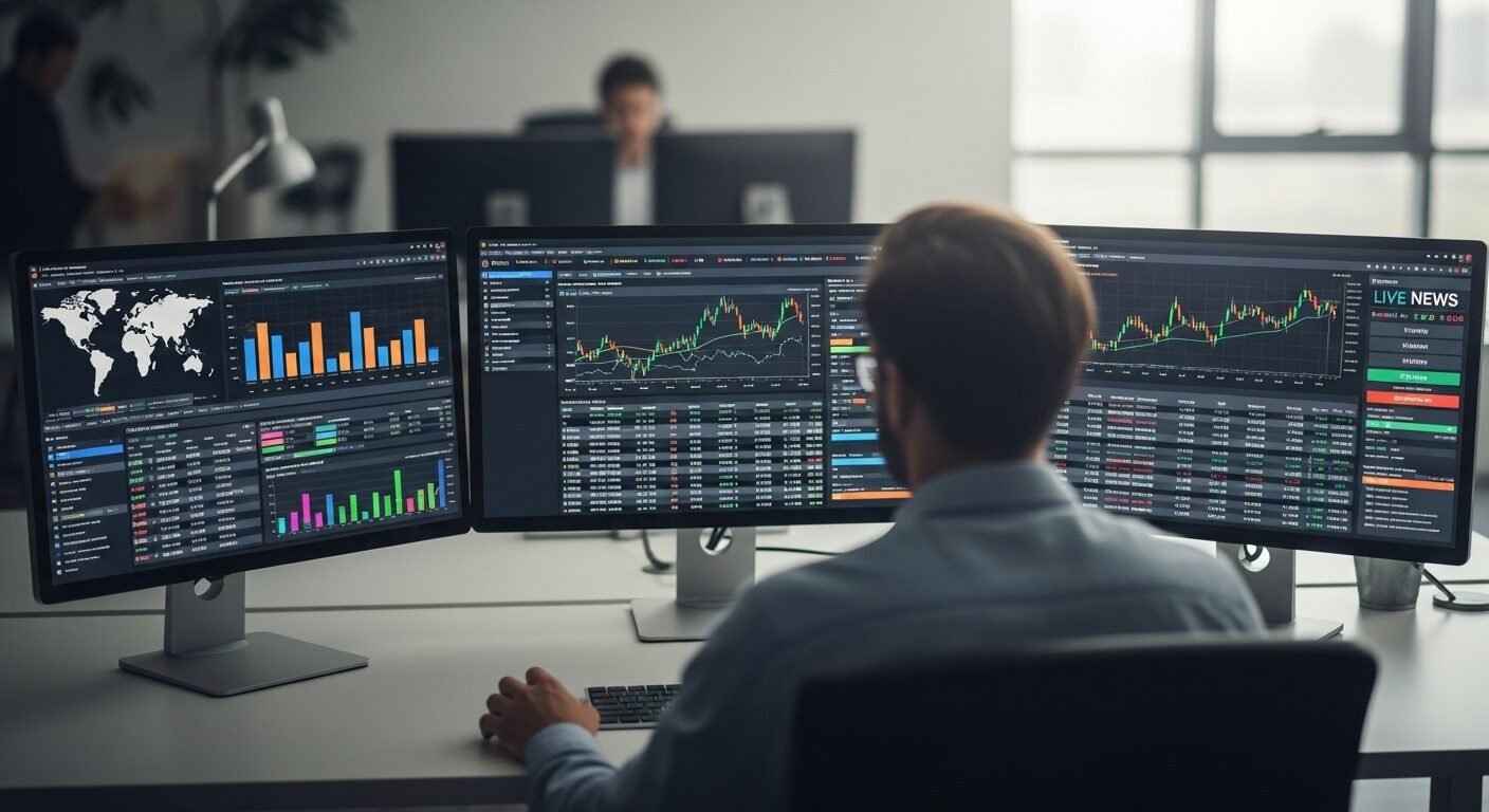 Chuyên gia phân tích dữ liệu tài chính trên ba màn hình lớn trong văn phòng hiện đại, minh họa các nhiệm vụ quan trọng trong mô tả công việc kế toán tổng hợp. Chuyên gia phân tích dữ liệu tài chính trên ba màn hình lớn trong văn phòng hiện đại, minh họa các nhiệm vụ quan trọng trong mô tả công việc kế toán tổng hợp.