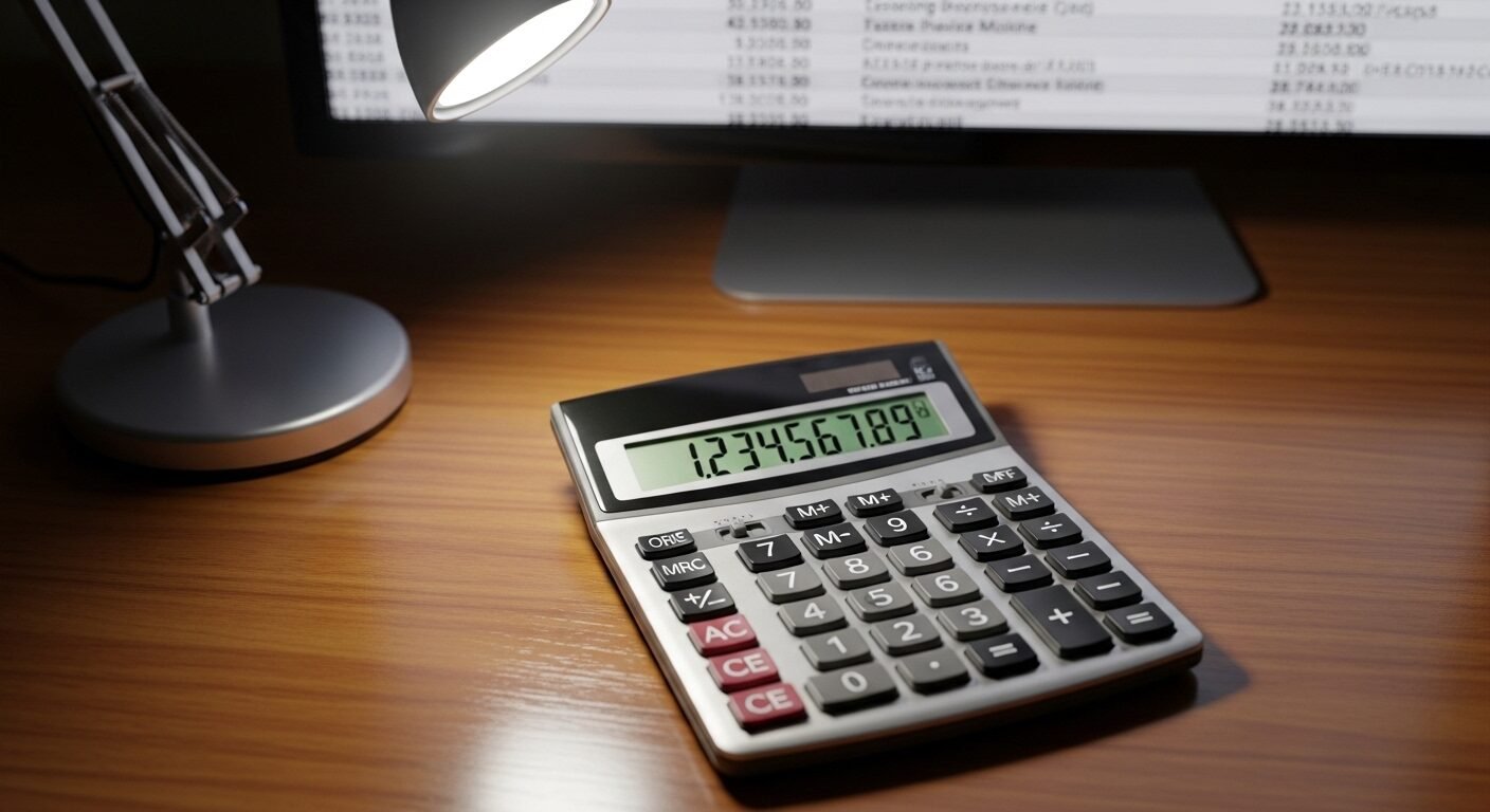 Máy tính hiển thị số liệu tài chính trên bàn gỗ, hỗ trợ công việc kế toán và tính toán lương OT, với sổ cái trên màn hình máy tính mờ phía sau.