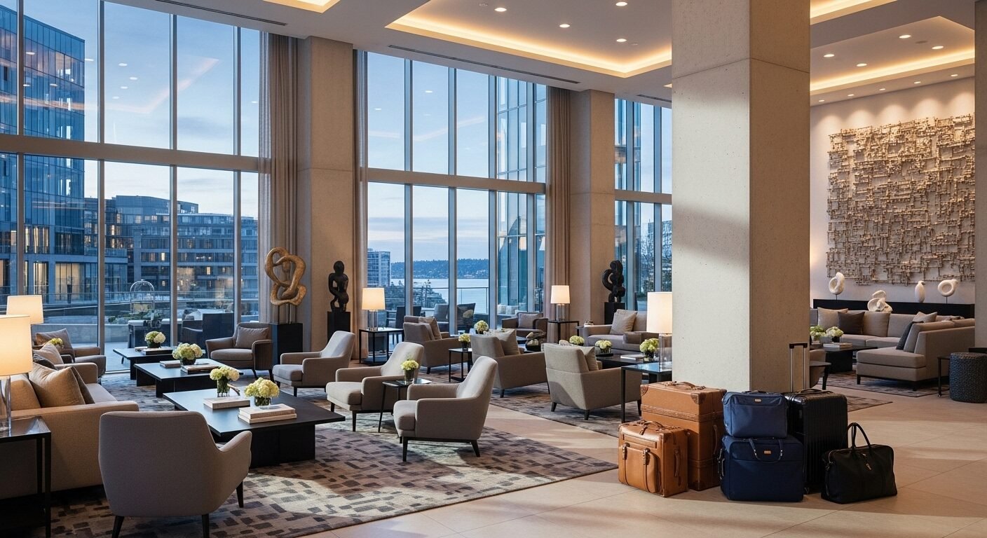 Sảnh khách sạn rộng rãi, hành lý gọn gàng gần cột, cửa sổ lớn nhìn ra thành phố. Gợi hình ảnh về thủ tục check out là gì.