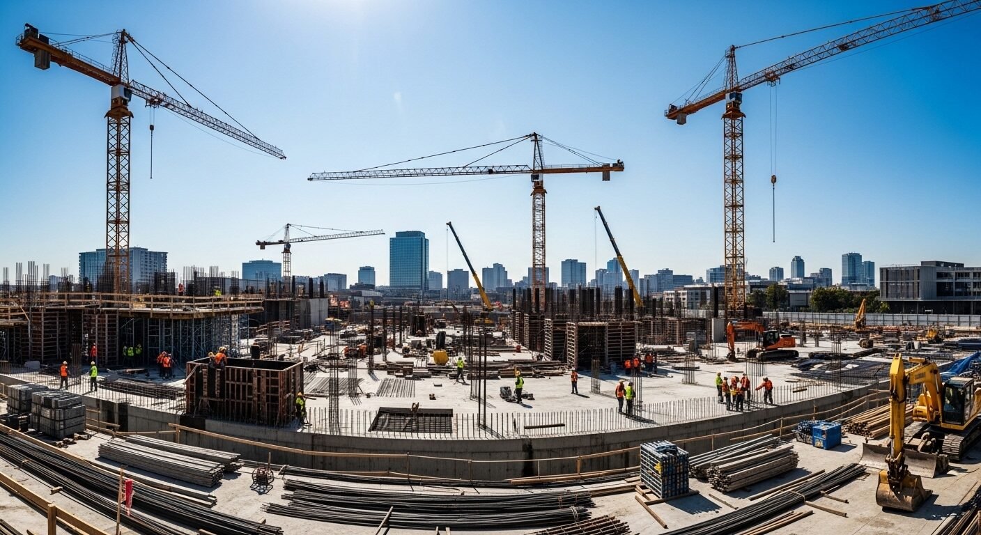 Công trường xây dựng hiện đại với cần cẩu cao và nền móng tòa nhà đang lên, thể hiện sự phát triển đô thị và tiềm năng việc làm tại TP Hồ Chí Minh. Công trường xây dựng hiện đại với cần cẩu cao và nền móng tòa nhà đang lên, thể hiện sự phát triển đô thị và tiềm năng việc làm tại TP Hồ Chí Minh.