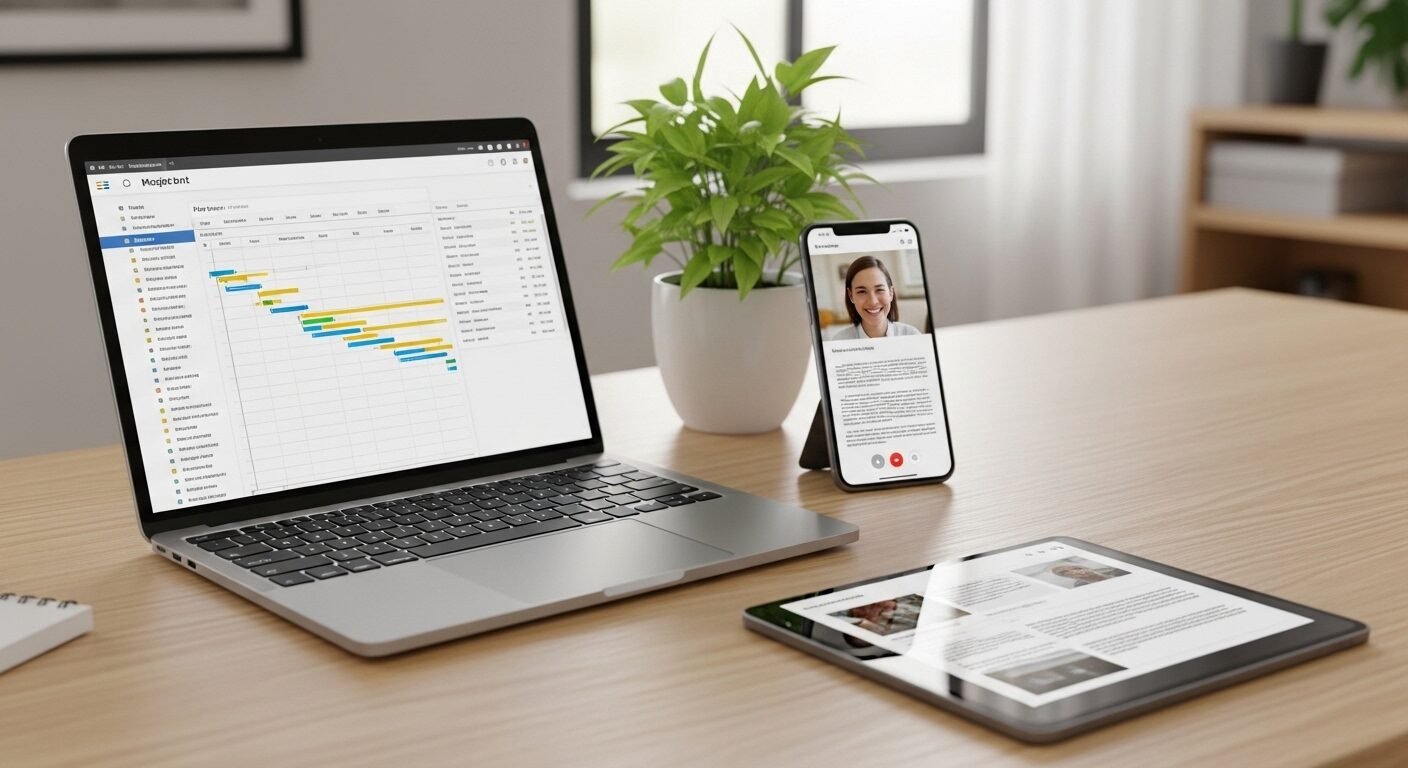 Không gian làm việc số hiện đại với laptop, smartphone và tablet, thể hiện rõ vai trò của công nghệ trong làm việc nhóm từ xa. Hình ảnh giúp hiểu rõ cộng tác viên là gì qua các công cụ làm việc hiệu quả. Không gian làm việc số hiện đại với laptop, smartphone và tablet, thể hiện rõ vai trò của công nghệ trong làm việc nhóm từ xa. Hình ảnh giúp hiểu rõ cộng tác viên là gì qua các công cụ làm việc hiệu quả.