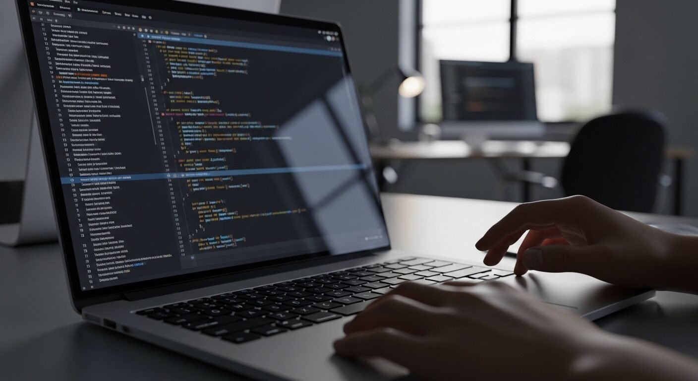 Màn hình laptop hiển thị mã lập trình, bàn tay đặt nhẹ trên bàn phím, thể hiện sự tập trung trong công việc của ngành Công nghệ thông tin. Màn hình laptop hiển thị mã lập trình, bàn tay đặt nhẹ trên bàn phím, thể hiện sự tập trung trong công việc của ngành Công nghệ thông tin.