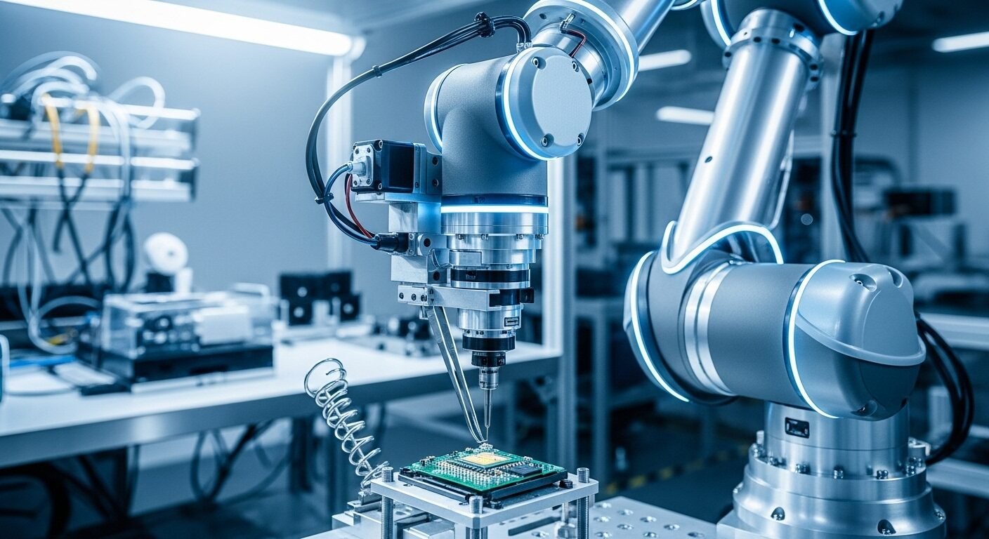 Cánh tay robot chính xác cao màu xám kim loại đang lắp ráp linh kiện điện tử tinh xảo trong nhà máy công nghệ, minh họa ứng dụng của ngành Trí tuệ nhân tạo.