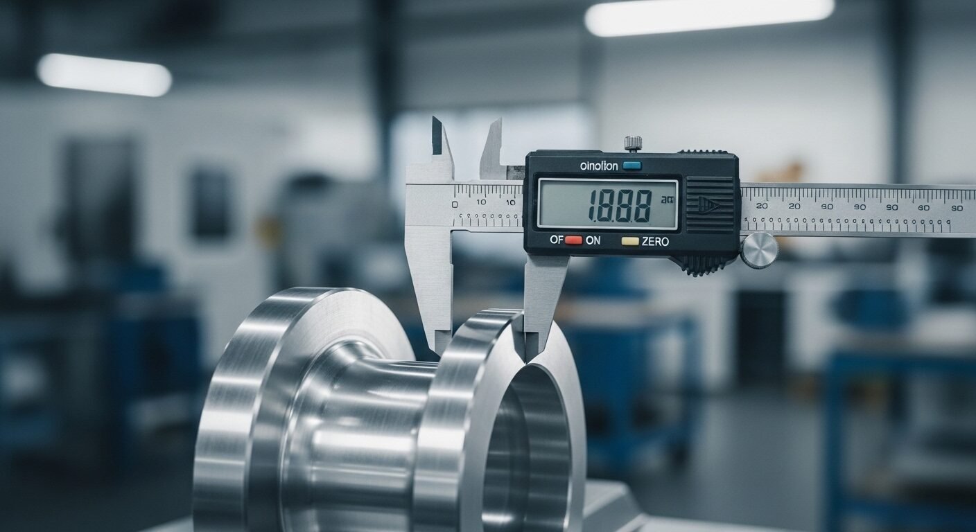 Cận cảnh linh kiện kim loại được đo chính xác bằng thước cặp kỹ thuật số trong quy trình kiểm soát chất lượng (QC), minh họa tầm quan trọng của việc tìm hiểu QA là gì QC là gì trong sản xuất.