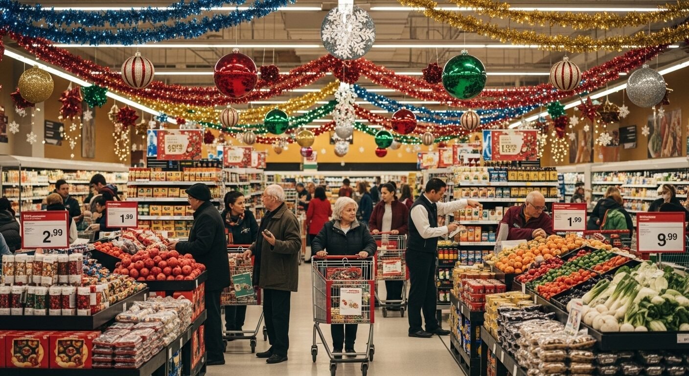 Lối đi siêu thị nhộn nhịp mùa lễ hội, tràn ngập sản phẩm và trang trí rực rỡ, nơi đội ngũ nhân viên đang tích cực làm công việc thời vụ để phục vụ khách hàng mua sắm.