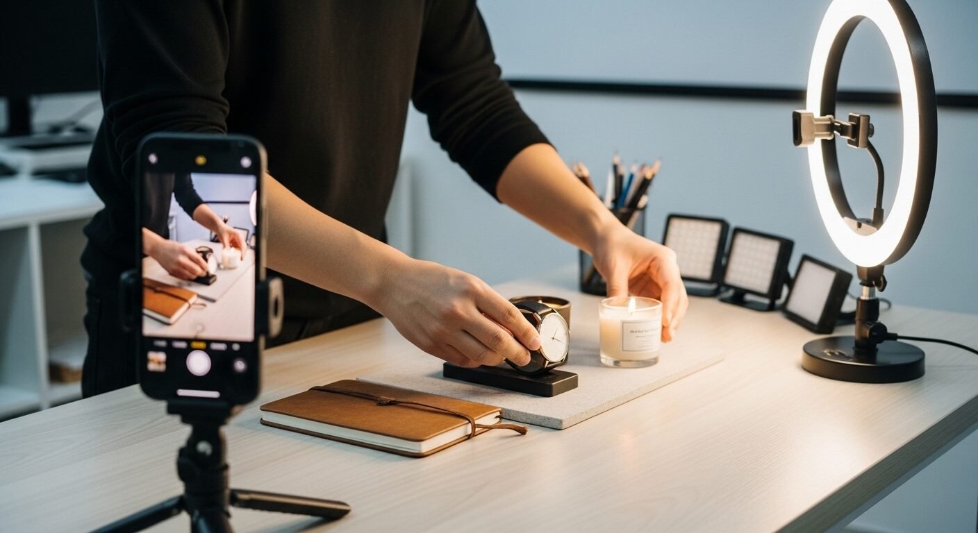 Cộng tác viên Kinh doanh tỉ mỉ sắp xếp sản phẩm trên bàn sáng màu, chuẩn bị chụp ảnh marketing kỹ thuật số chuyên nghiệp bằng điện thoại và thiết bị chiếu sáng.