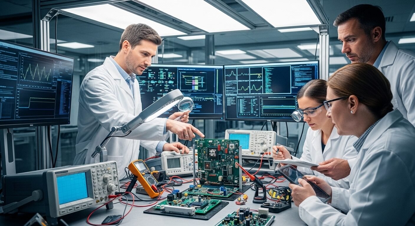 Các kỹ sư và nhà khoa học của bộ phận R&D trong doanh nghiệp đang tập trung kiểm tra nguyên mẫu điện tử với bo mạch chi tiết trong phòng lab công nghệ cao. Các kỹ sư và nhà khoa học của bộ phận R&D trong doanh nghiệp đang tập trung kiểm tra nguyên mẫu điện tử với bo mạch chi tiết trong phòng lab công nghệ cao.