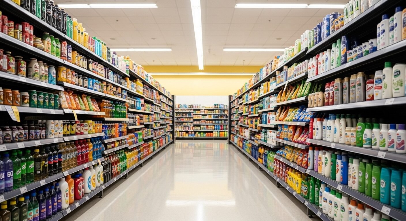 Một lối đi siêu thị sáng sủa, ngăn nắp với các kệ đầy ắp những ví dụ đa dạng về Sản phẩm là gì, bao gồm đồ uống đóng chai, đồ ăn nhẹ đầy màu sắc và vật dụng cá nhân, sàn nhà sạch bóng phản chiếu ánh sáng. Một lối đi siêu thị sáng sủa, ngăn nắp với các kệ đầy ắp những ví dụ đa dạng về Sản phẩm là gì, bao gồm đồ uống đóng chai, đồ ăn nhẹ đầy màu sắc và vật dụng cá nhân, sàn nhà sạch bóng phản chiếu ánh sáng.