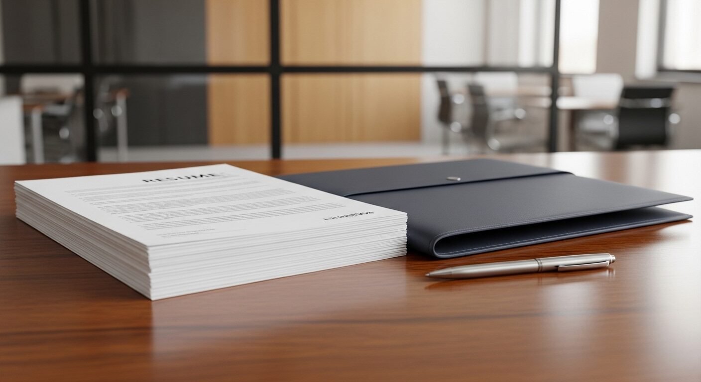 Hồ sơ xin việc và kẹp tài liệu chuyên nghiệp, ngăn nắp trên bàn gỗ, là nền tảng cho Kỹ năng trả lời phỏng vấn xin việc hiệu quả.