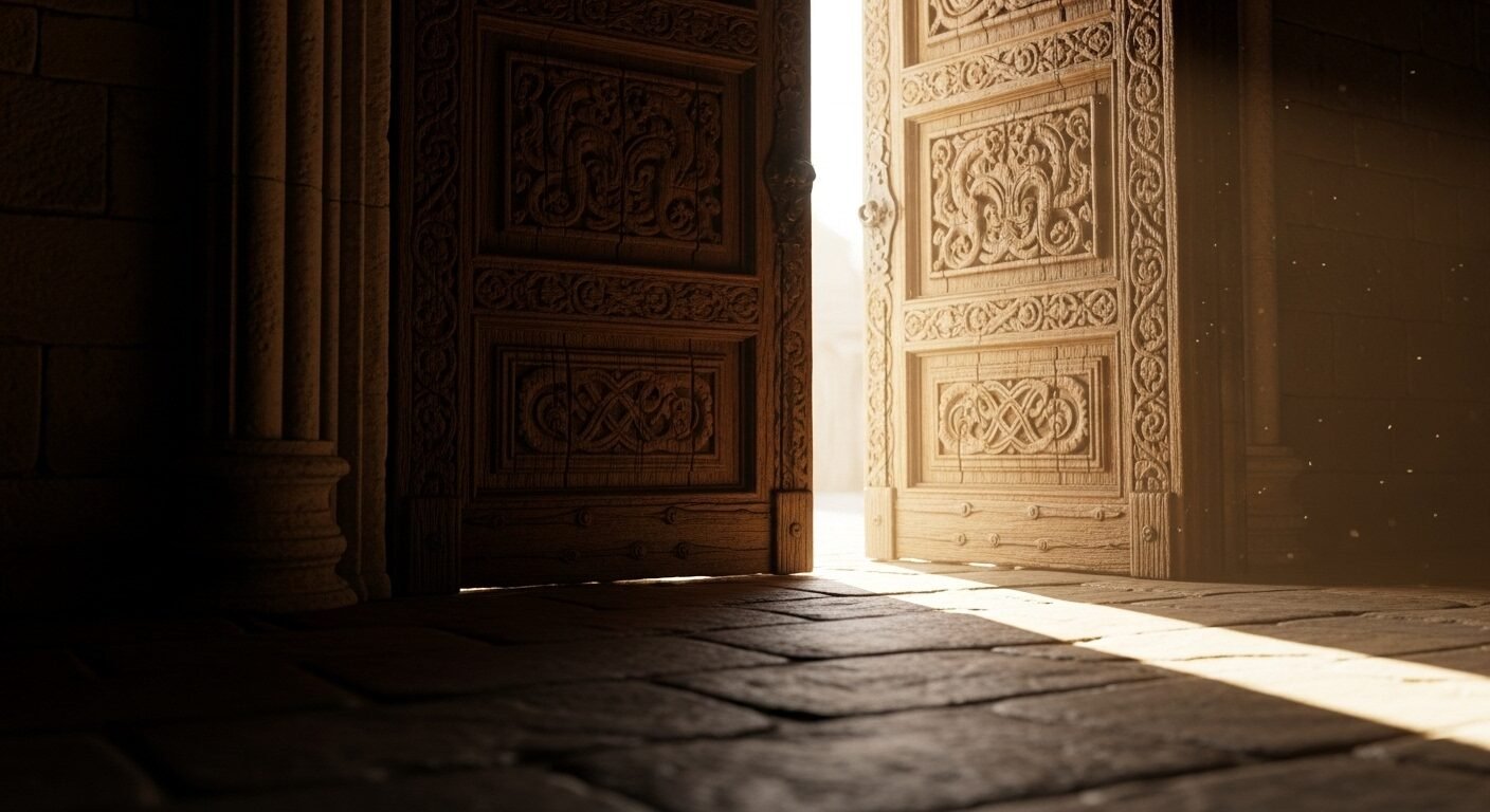 Cửa gỗ chạm khắc nặng hé mở, ánh sáng dẫn lối con đường tương lai rạng rỡ. Hình ảnh tượng trưng cho hành trình sự nghiệp, nơi việc nắm vững cách trả lời phỏng vấn định hướng nghề nghiệp giúp bạn tự tin bước vào cơ hội mới.