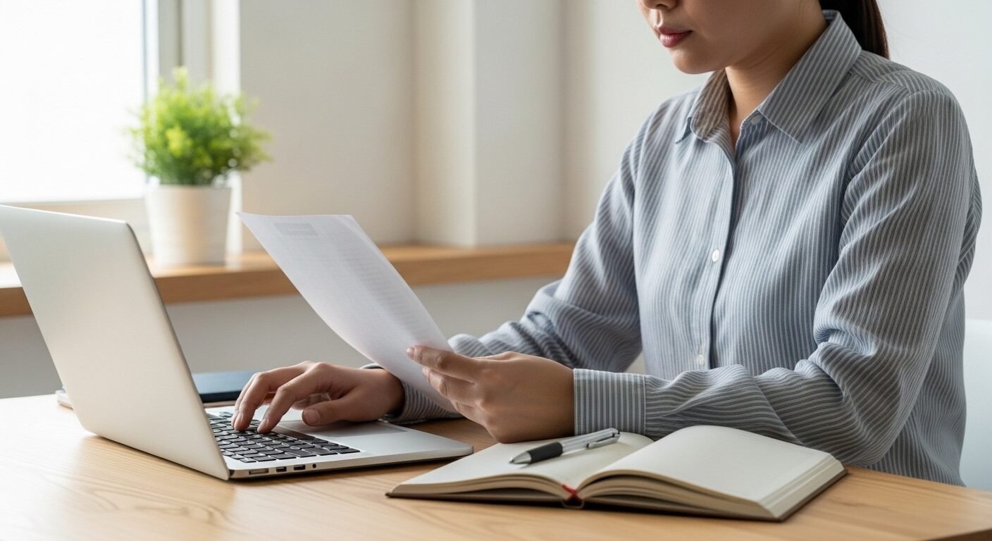 Một người tập trung xem tài liệu và gõ laptop trong không gian học tập yên tĩnh, chuẩn bị kỹ lưỡng cho phần giới thiệu bản thân khi phỏng vấn với tinh thần sẵn sàng.