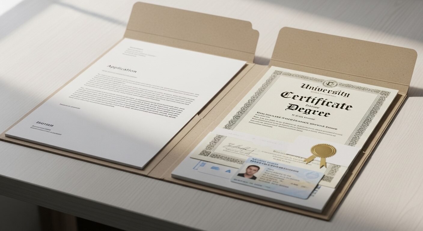 Hồ sơ xin việc ngăn nắp trên bàn với đơn xin việc, bằng cấp và căn cước công dân, minh họa rõ ràng hồ sơ xin việc gồm những gì.