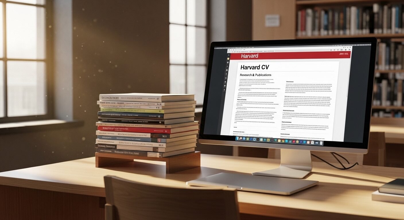 Bàn làm việc ngăn nắp với mẫu CV Harvard nổi bật, mở phần Nghiên cứu & Ấn phẩm, kèm tạp chí học thuật trong không gian thư viện hiện đại.