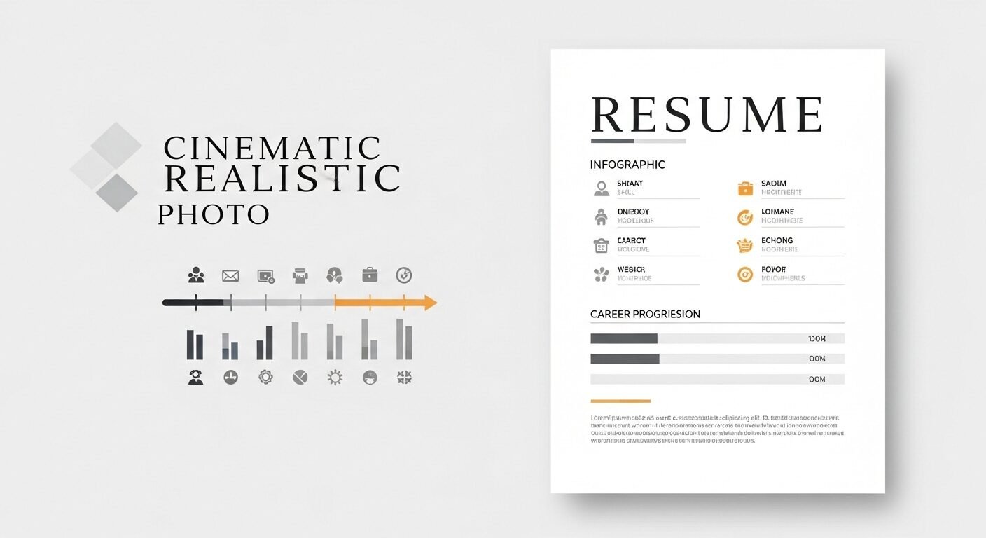 Mẫu CV cho designer phong cách infographic hiện đại, hiển thị trình độ kỹ năng bằng biểu đồ thanh và biểu tượng, cùng dòng thời gian phát triển sự nghiệp trực quan trên nền trắng ngà sạch sẽ.