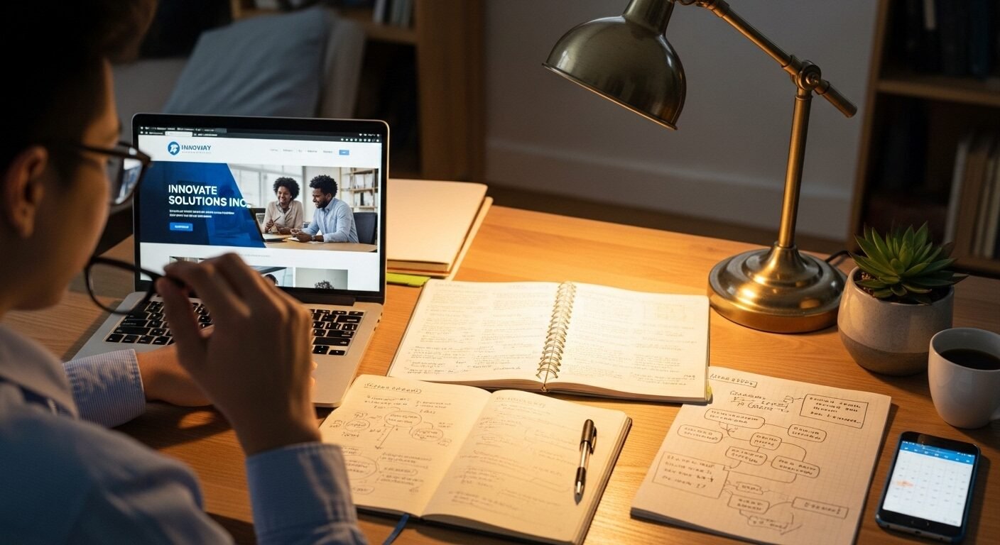 Người đang tỉ mỉ chuẩn bị cho buổi phỏng vấn xin việc tại bàn làm việc gọn gàng. Laptop hiển thị trang web công ty, sổ ghi chép mở cùng những ghi chú cá nhân, và ánh đèn bàn ấm áp chiếu sáng, giúp người này tập trung nghiên cứu kỹ lưỡng, đặc biệt lưu ý những điều không nên nói khi phỏng vấn.