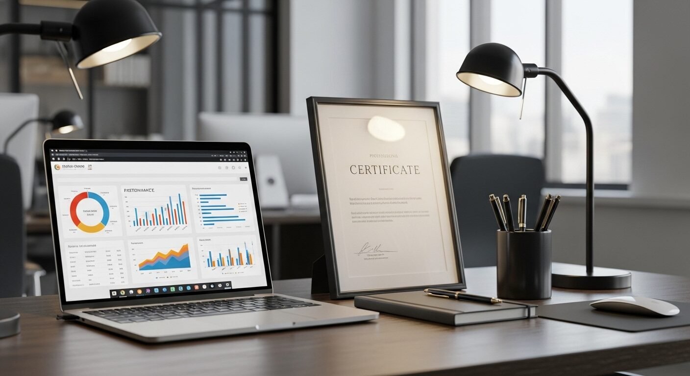 Bàn làm việc hiện đại, gọn gàng với laptop hiển thị biểu đồ kinh doanh thành công và chứng chỉ chuyên nghiệp. Một không gian lý tưởng để 