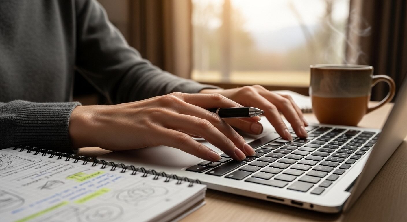 Cận cảnh tay phụ nữ gõ laptop và ghi chú trong văn phòng tại nhà ấm cúng, cảnh cửa sổ. Mô tả môi trường làm việc lý tưởng cho mẹ đơn thân tìm việc từ xa hoặc học thêm kỹ năng.