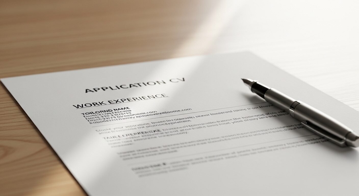 CV ứng tuyển chuyên nghiệp được in đẹp mắt trên bàn gỗ cùng bút, minh họa rõ những điểm hồ sơ tìm việc và CV ứng tuyển khác nhau trong tài liệu xin việc. CV ứng tuyển chuyên nghiệp được in đẹp mắt trên bàn gỗ cùng bút, minh họa rõ những điểm hồ sơ tìm việc và CV ứng tuyển khác nhau trong tài liệu xin việc.