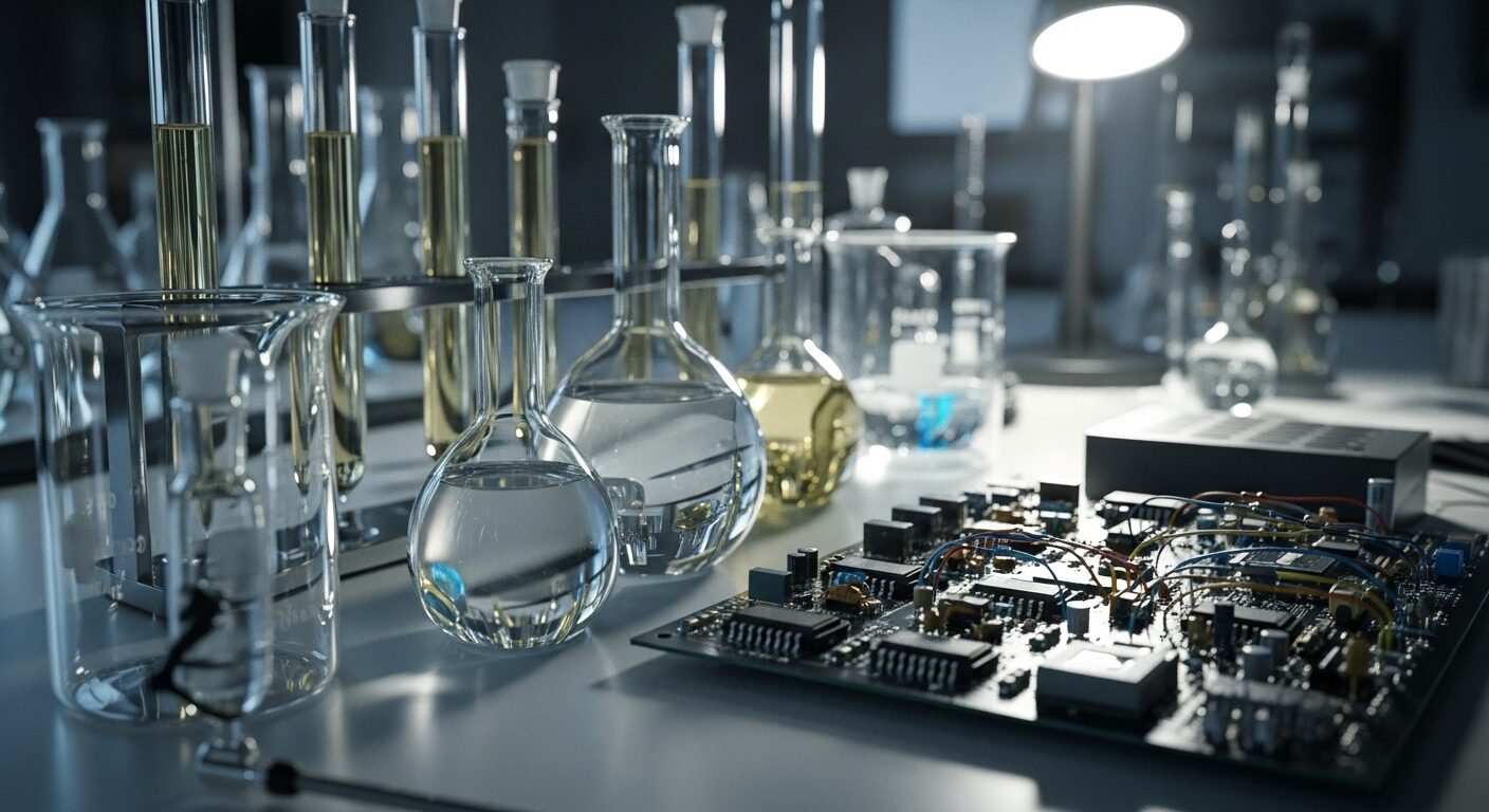 Phòng thí nghiệm khoa học kỹ thuật ngăn nắp với ống nghiệm, bảng mạch điện tử chi tiết. Gợi nhắc tầm quan trọng của giáo dục chất lượng khi xem xét bỏ tuyển thẳng khoa học kỹ thuật.