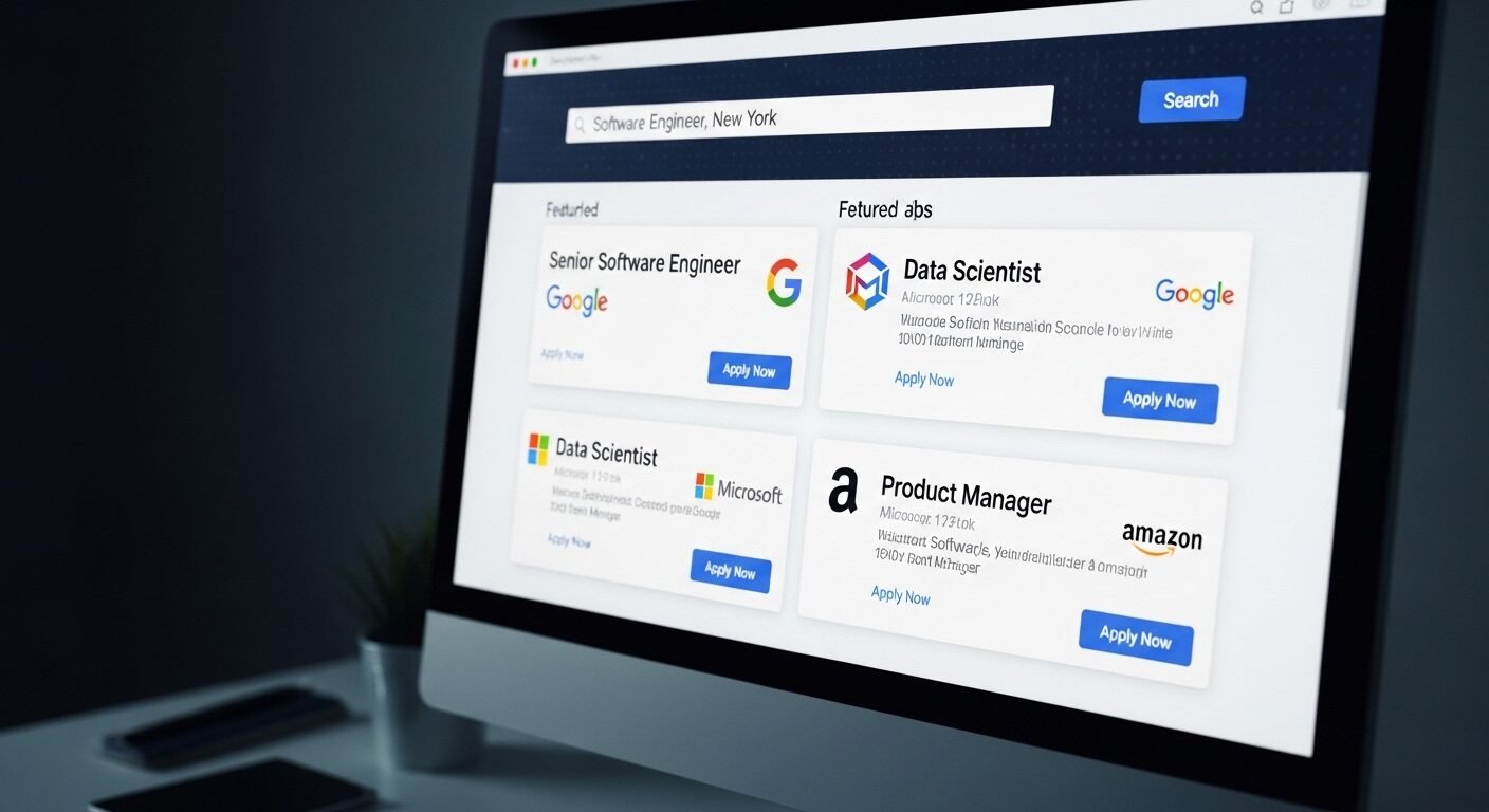 Màn hình máy tính hiển thị website tìm việc làm uy tín với các vị trí tuyển dụng và logo công ty chuyên nghiệp.