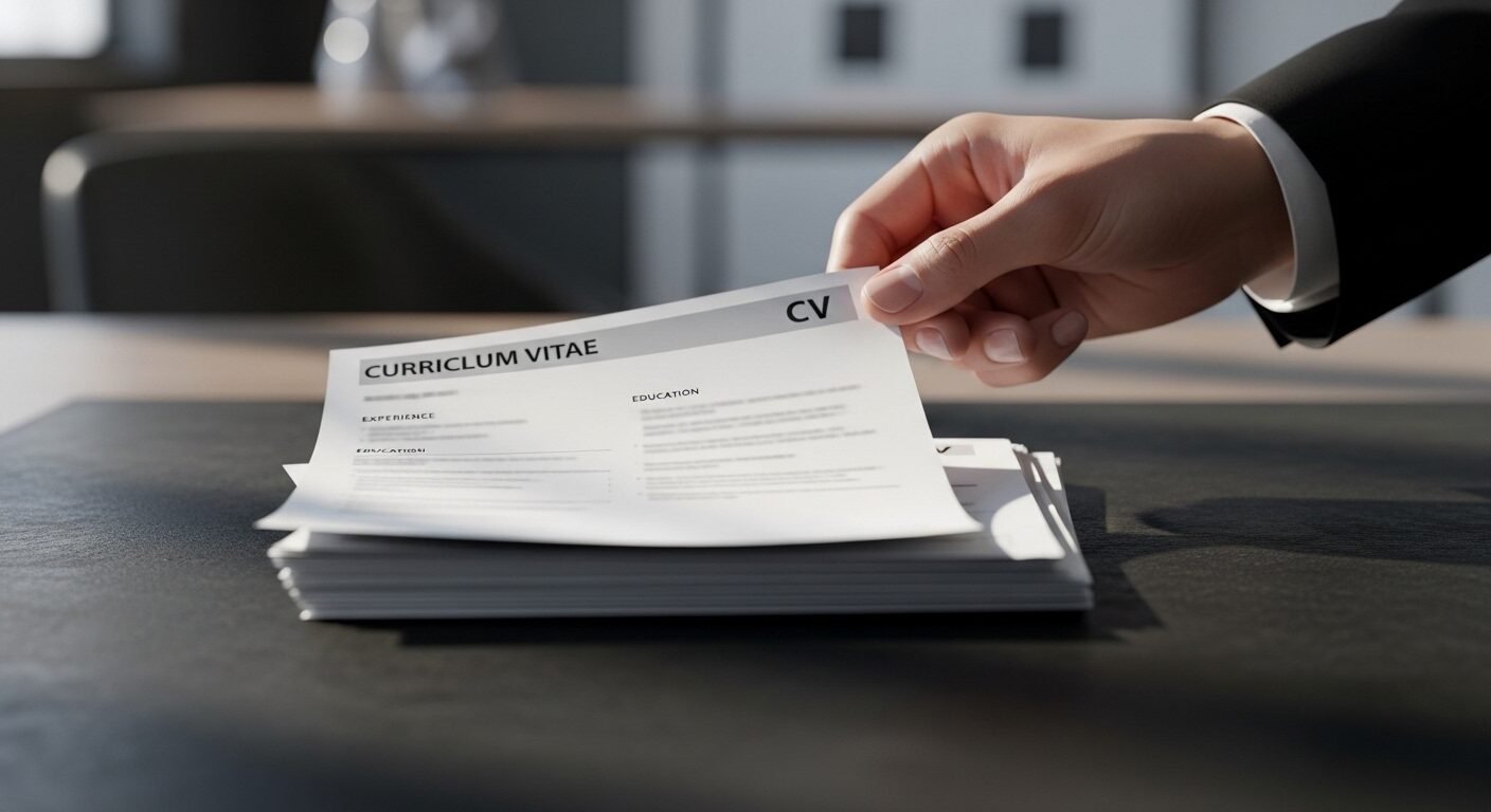 Bàn tay chuyên nghiệp cẩn thận đặt CV đã in lên chồng hồ sơ, thể hiện tầm quan trọng của cách tạo CV ấn tượng để thu hút nhà tuyển dụng. Bàn tay chuyên nghiệp cẩn thận đặt CV đã in lên chồng hồ sơ, thể hiện tầm quan trọng của cách tạo CV ấn tượng để thu hút nhà tuyển dụng.