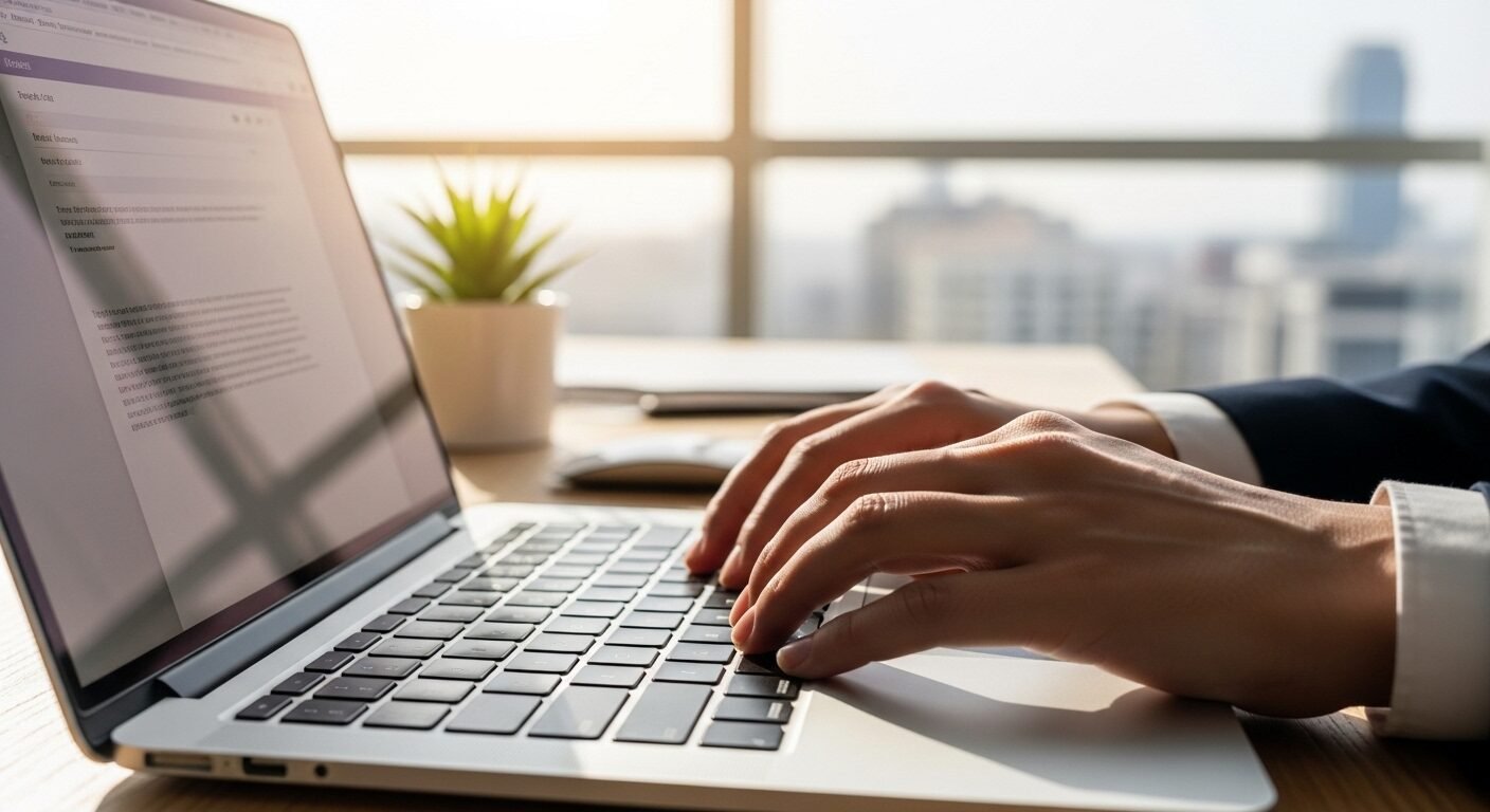 Cận cảnh bàn tay gõ email chuyên nghiệp trên laptop tại văn phòng hiện đại, sáng sủa; có thể là email theo dõi sau khi HR không phản hồi ứng tuyển.