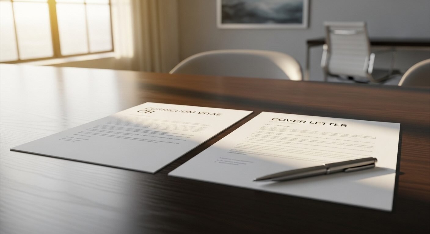 Bàn làm việc gọn gàng với CV, thư xin việc và bút chuyên nghiệp, minh họa cách ứng tuyển việc làm hiệu quả.