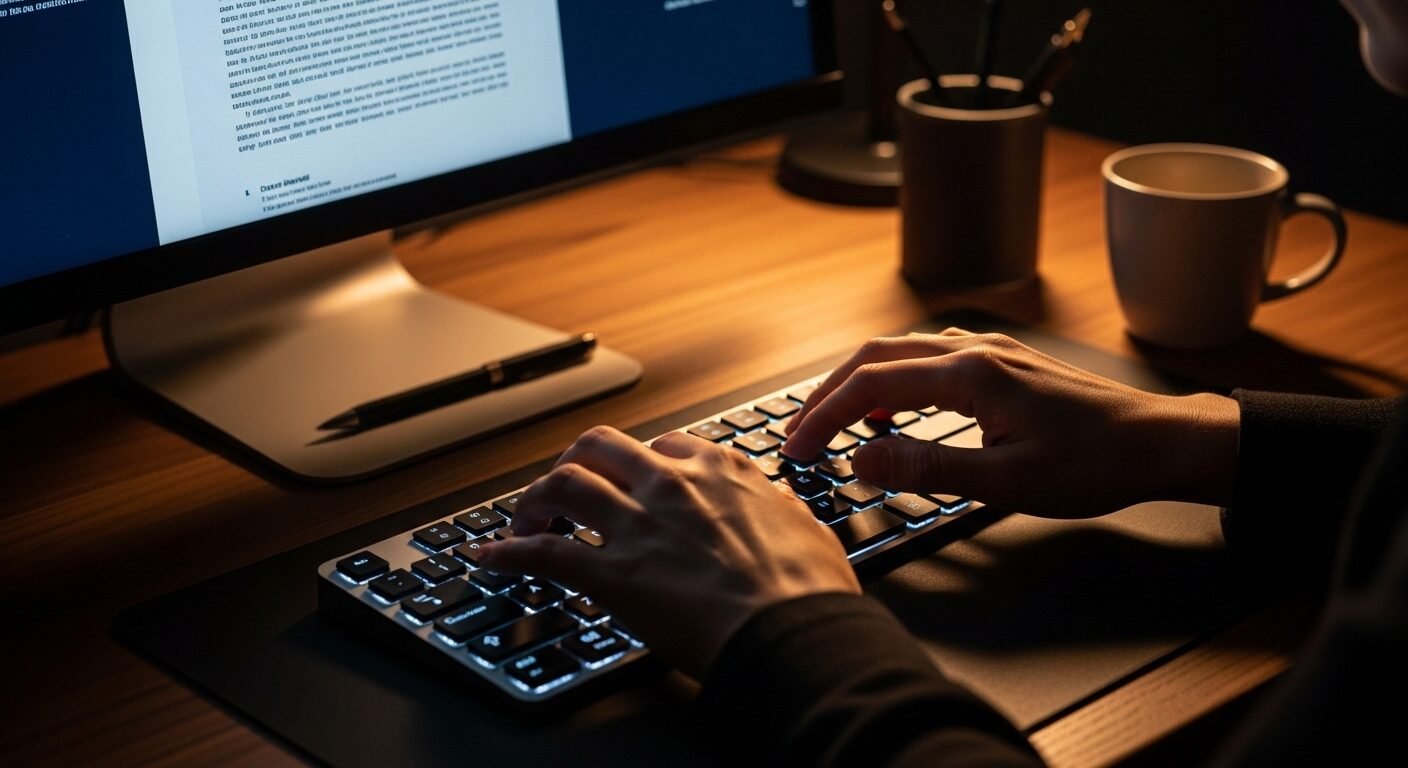 Bàn tay đang tỉ mỉ gõ bàn phím, màn hình máy tính hiển thị bản nháp tài liệu chuyên nghiệp, minh họa cách viết Cover Letter hiệu quả.