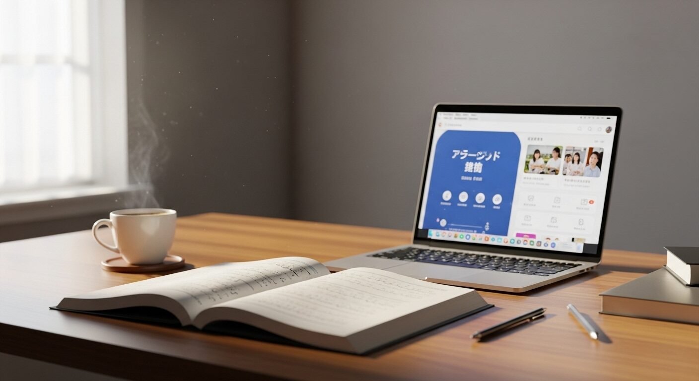 Không gian học tập hiện đại với sách và laptop học ngoại ngữ, lý tưởng cho sinh viên quan tâm Tuyển sinh Đại học Ngoại ngữ 2026.