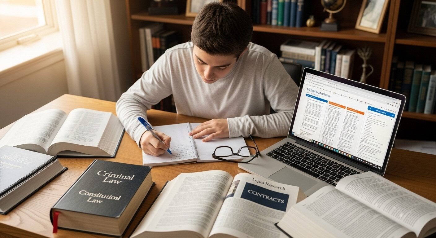 Sinh viên luật tập trung ghi chú, nghiên cứu tài liệu cho Portfolio pháp lý cá nhân trên bàn làm việc.