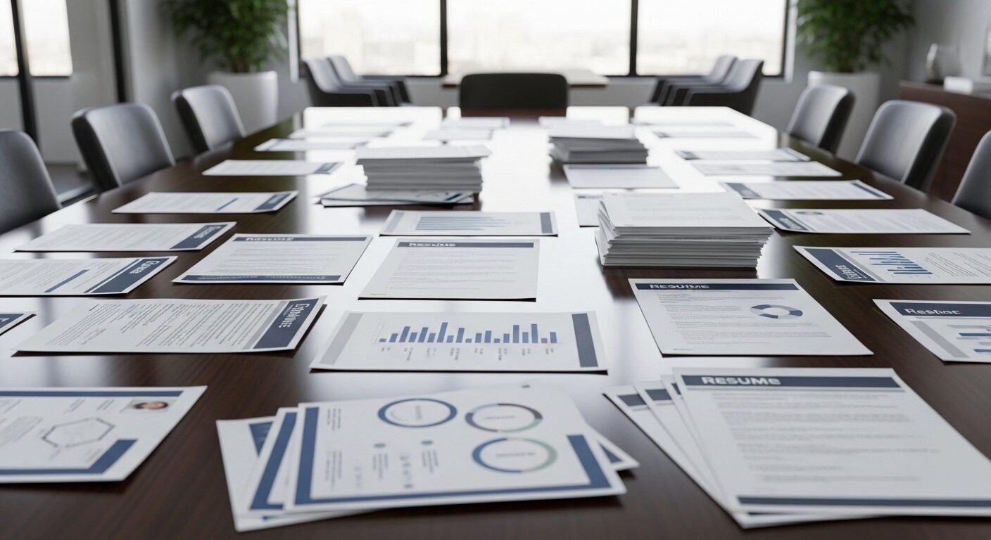 Nhiều hồ sơ xin việc chuyên nghiệp xếp chồng và trải rộng trên bàn hội nghị sáng sủa trong văn phòng. Minh họa mùa cao điểm tìm việc sau Tết.
