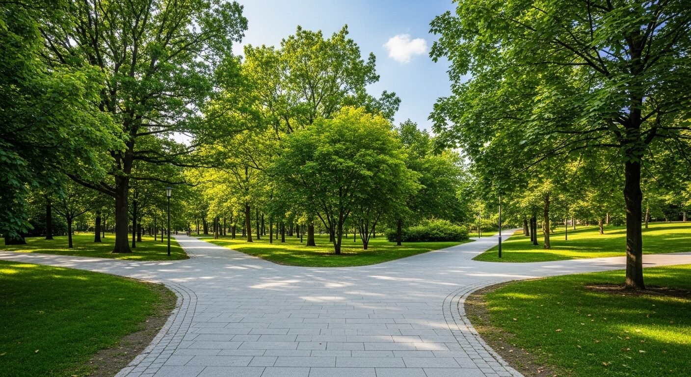 Ngã tư lối đi lát gạch trong công viên xanh mát, những con đường phân nhánh tượng trưng cho các lựa chọn. Hãy luôn Review công ty trước khi ứng tuyển để chọn đúng hướng đi sự nghiệp của bạn. Ngã tư lối đi lát gạch trong công viên xanh mát, những con đường phân nhánh tượng trưng cho các lựa chọn. Hãy luôn Review công ty trước khi ứng tuyển để chọn đúng hướng đi sự nghiệp của bạn.