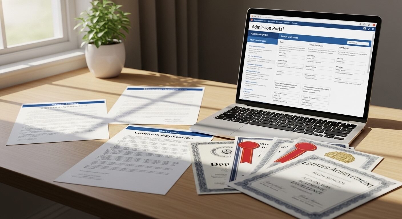 Bàn làm việc với hồ sơ ứng tuyển, chứng chỉ thành tích và laptop mở cổng thông tin tuyển sinh, minh họa quá trình chuẩn bị kỹ lưỡng cho phương án tuyển sinh ĐH Kinh tế Luật.