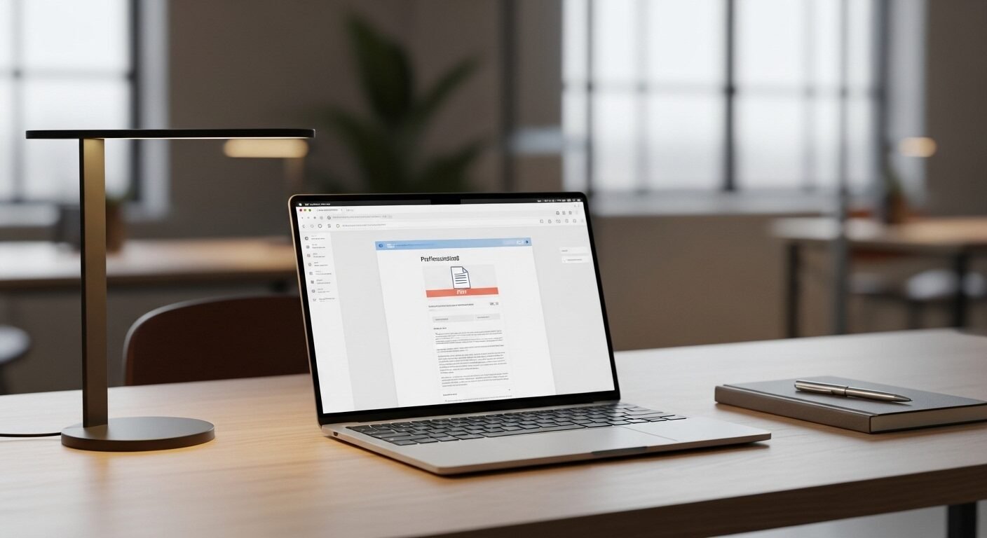 Màn hình laptop trên bàn làm việc hiện đại hiển thị email có file PDF, chuẩn bị tìm hiểu hướng dẫn điền đơn xin việc.