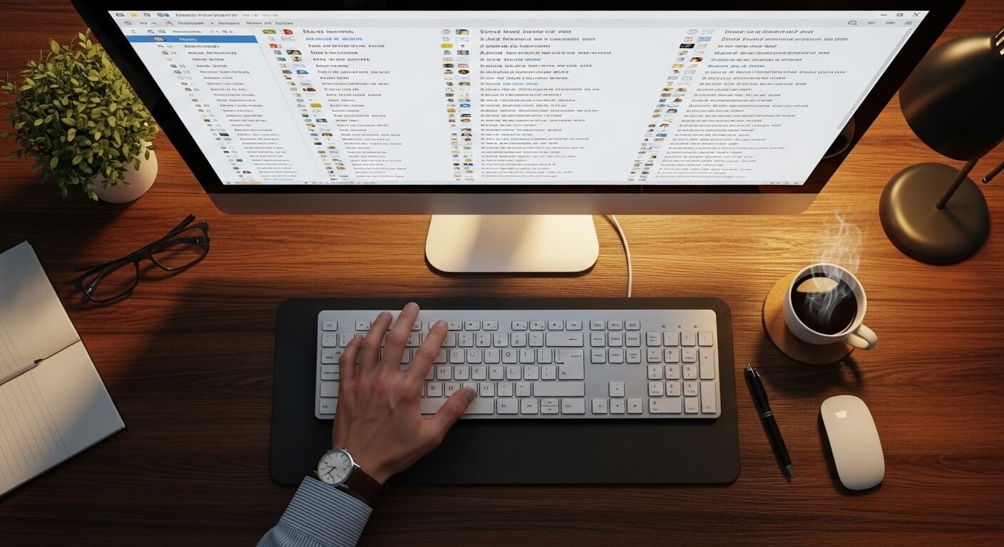 Bàn làm việc của nhà tuyển dụng nhìn từ trên xuống. Màn hình máy tính hiển thị danh sách dài các tiêu đề email ứng tuyển, với tay trên bàn phím đang thực hiện sàng lọc nhanh. Ảnh minh họa sự cần thiết của Cách viết email ứng tuyển chuyên nghiệp.