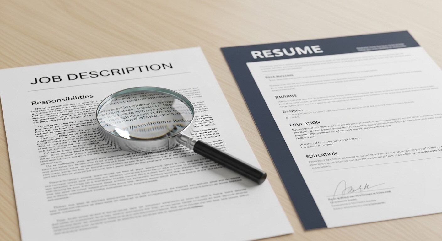 Kính lúp đặt trên mô tả công việc, bên cạnh CV trên bàn sáng. Hình ảnh này nhấn mạnh việc phân tích chi tiết thông tin khi tìm việc làm. Kính lúp đặt trên mô tả công việc, bên cạnh CV trên bàn sáng. Hình ảnh này nhấn mạnh việc phân tích chi tiết thông tin khi tìm việc làm.