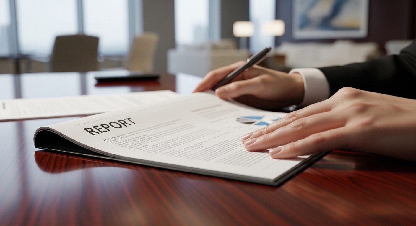Bàn tay chuyên gia đang cẩn thận xem xét báo cáo thử việc được in trên bàn gỗ tối màu trong văn phòng hiện đại.