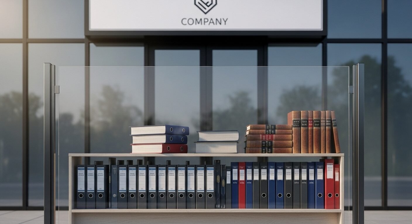 Rào chắn trong suốt vững chắc bảo vệ sách luật và hồ sơ pháp lý trước doanh nghiệp hiện đại, tượng trưng cho sự ổn định và kỹ năng pháp chế vững vàng.