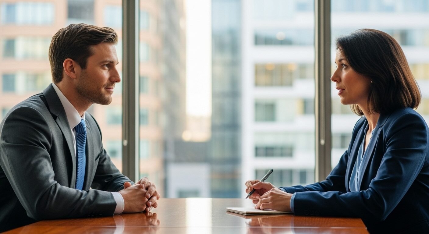 Ứng viên tự tin trong buổi phỏng vấn xin việc chuyên nghiệp tại văn phòng hiện đại, thảo luận các câu hỏi phỏng vấn ngân hàng với nhà tuyển dụng. Ứng viên tự tin trong buổi phỏng vấn xin việc chuyên nghiệp tại văn phòng hiện đại, thảo luận các câu hỏi phỏng vấn ngân hàng với nhà tuyển dụng.