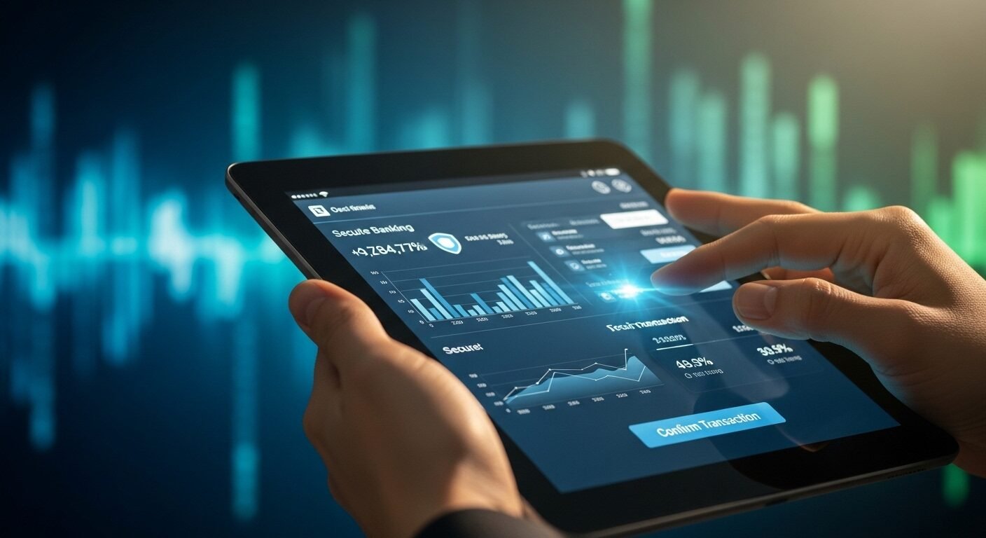 Cận cảnh bàn tay cầm máy tính bảng hiển thị ứng dụng ngân hàng số hiện đại với giao dịch bảo mật, thể hiện sự đổi mới trong Ngành Tài chính Ngân hàng. Cận cảnh bàn tay cầm máy tính bảng hiển thị ứng dụng ngân hàng số hiện đại với giao dịch bảo mật, thể hiện sự đổi mới trong Ngành Tài chính Ngân hàng.