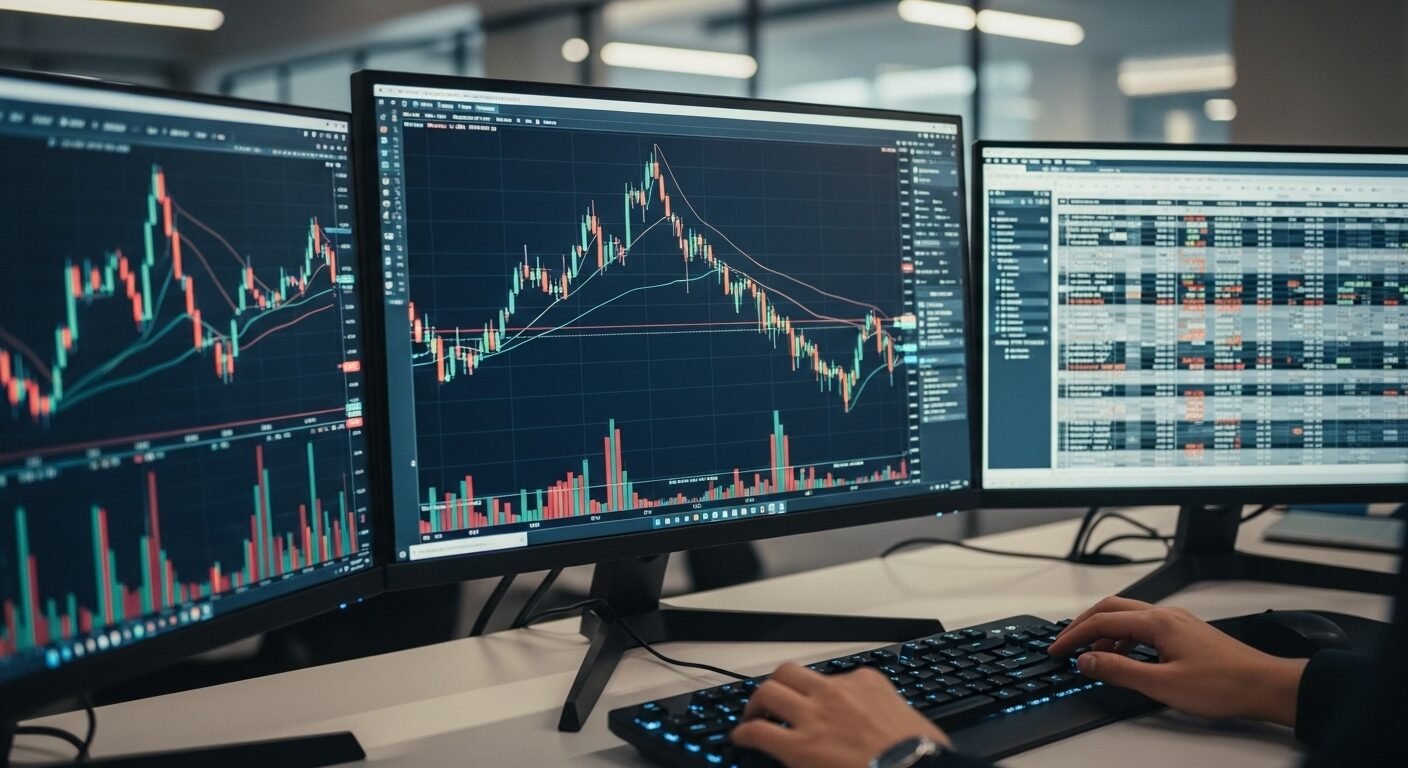 Chuyên gia tài chính đang phân tích biểu đồ và dữ liệu chứng khoán phức tạp trên nhiều màn hình máy tính, minh họa rõ nét công việc khi học tài chính ngân hàng ra làm gì.