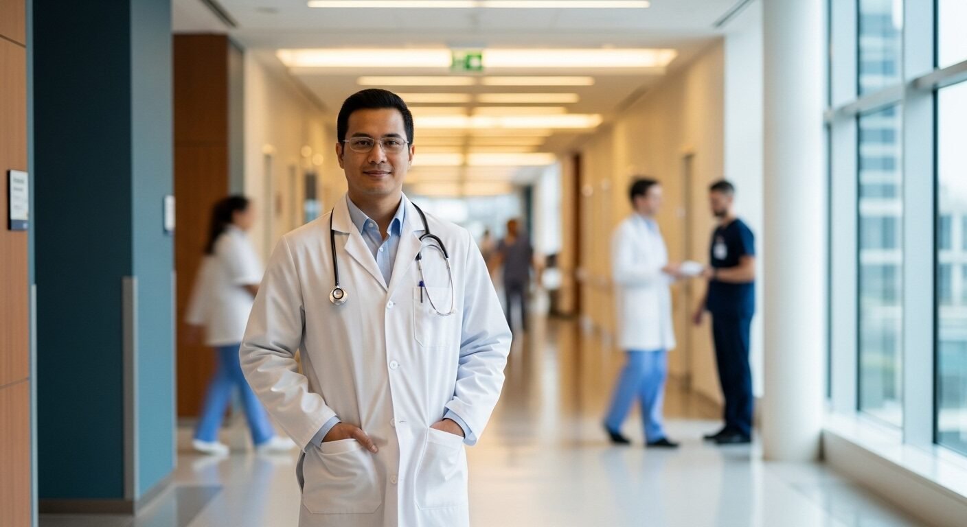 Bác sĩ chuyên nghiệp tự tin đứng trong hành lang bệnh viện hiện đại, đại diện cho những ngành nghề đòi hỏi năng lực và điểm số cao, tương tự như điểm sàn ngành luật.