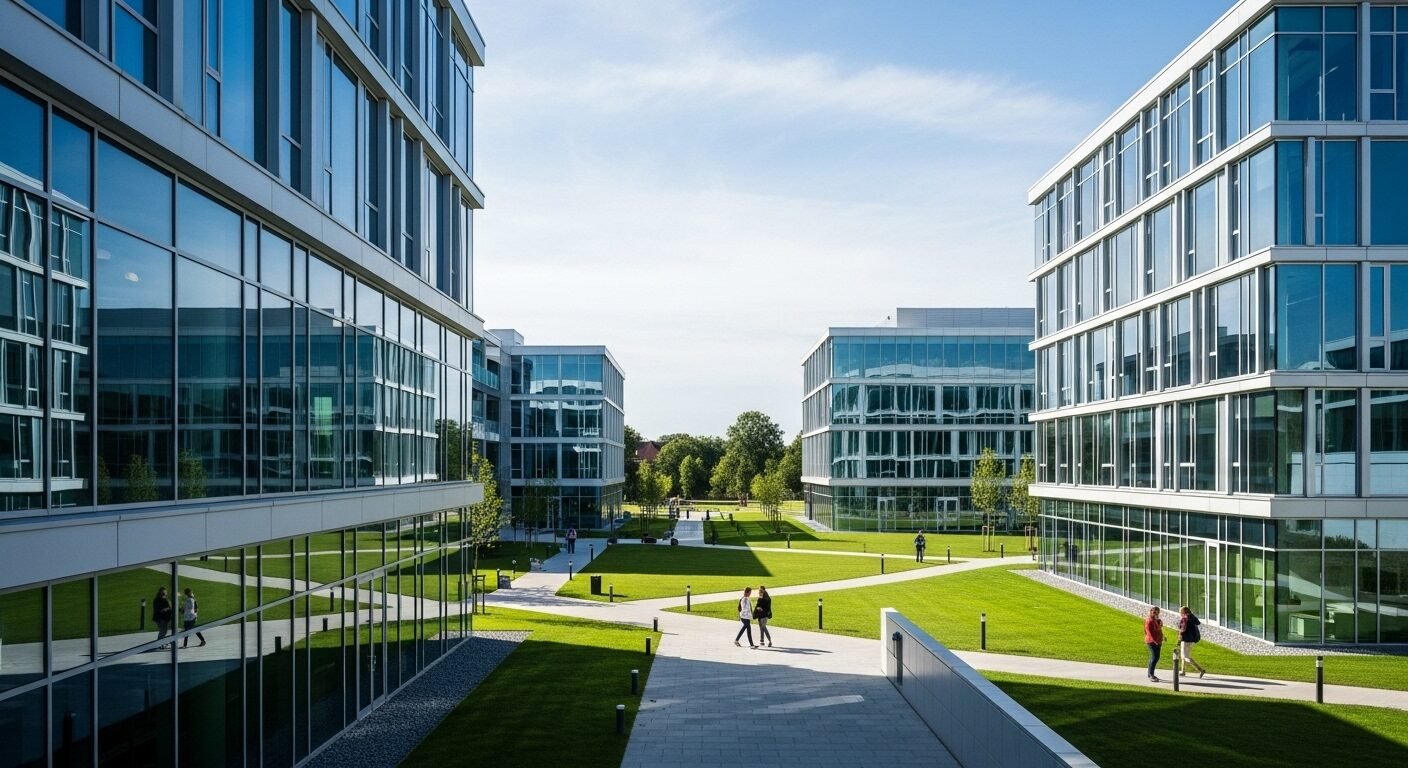 Khuôn viên đại học hiện đại, sang trọng với kiến trúc tinh tế, cửa sổ lớn và thảm cỏ xanh, điển hình cho các cơ sở trong danh sách top 10 trường đại học đắt đỏ nhất Việt Nam.