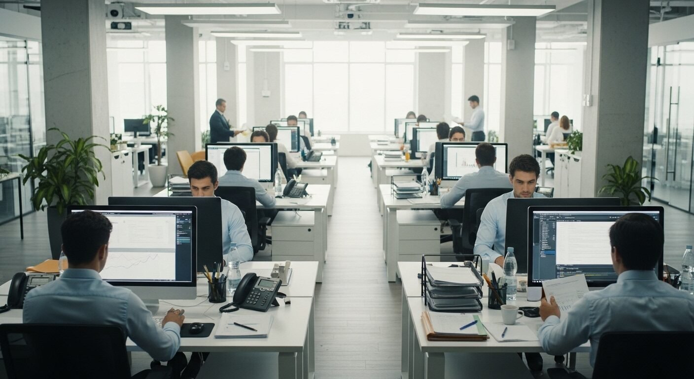 Một môi trường văn phòng hiện đại, chuyên nghiệp với các nhân viên đang làm việc tập trung, thể hiện không gian lý tưởng cho những ai đáp ứng Điều kiện ứng tuyển Ngân hàng Nhà nước 2023.