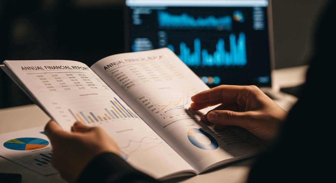 Cận cảnh bàn tay đang xem xét báo cáo tài chính, với các biểu đồ và số liệu rõ ràng, thể hiện sự chuẩn bị cần thiết cho các câu hỏi phỏng vấn ngân hàng về phân tích tài chính.