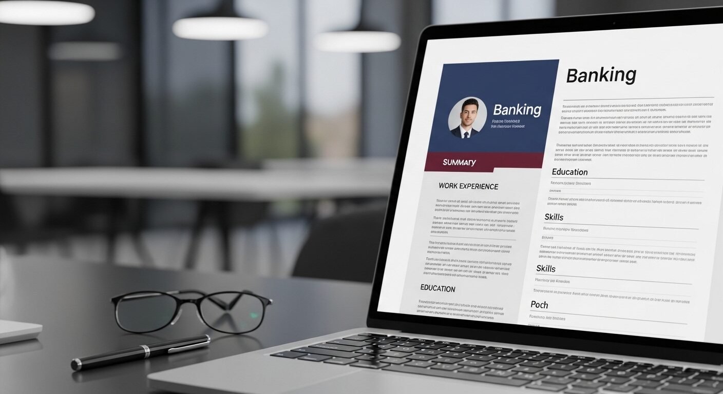 Màn hình laptop hiển thị hồ sơ xin việc ngân hàng chuyên nghiệp với bố cục hiện đại, cùng kính đọc sách trên bàn làm việc. Màn hình laptop hiển thị hồ sơ xin việc ngân hàng chuyên nghiệp với bố cục hiện đại, cùng kính đọc sách trên bàn làm việc.