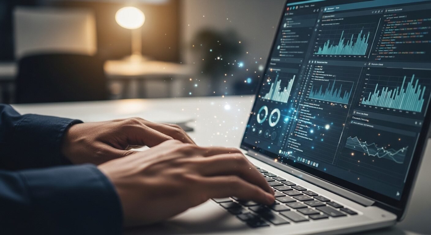 Cận cảnh tay gõ laptop với màn hình hiển thị phần mềm chuyên nghiệp trong văn phòng hiện đại, minh họa kỹ năng làm việc thực tế và tầm quan trọng của cách trình bày kỹ năng trong hồ sơ xin việc. Cận cảnh tay gõ laptop với màn hình hiển thị phần mềm chuyên nghiệp trong văn phòng hiện đại, minh họa kỹ năng làm việc thực tế và tầm quan trọng của cách trình bày kỹ năng trong hồ sơ xin việc.